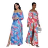 Wypoczynek Wakacje Wiosna Lato Slash Neck Z Długim Rękawem Eleganckie stroje Świąteczne Midi Sukienki Dla Kobiet Odzież 210525