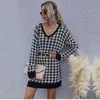 Houndstooth Jumper свитер платье женщин осень весенние моды вязаные пуловеры сексуальные V шеи дамы повседневные мини-платья 210521