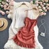 Kobiety Summer Sexy Ruffles Bez Rękawów Ruffles Czeski Kwiatowy Pasek Suknie + Długi Rękaw Dzianiny Koszula Dwuczęściowe Garnitury 210715