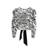 Animal Zebra Print Cropped Blouse Chemise Femmes Vintage Plissé Dos Nu Noeud Top Blusas Mujer Vêtements Coréens 210427