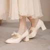 Schuhe Sandalen Damen Blockabsätze für Frauen Pumps Mary Jane Slip On 2022 Süße Schnürung Square Toe African Chunky Bow Beige Lolita