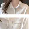 Mulheres coreanas blusa branco camisas de manga longa mulher chiffon blusas listrado bolso tops plus size 210427