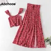 Mulheres Estilo de Praia Dois Conjunto Top e Saia Verão Floral Impressão Ruffles Tops Split Long Saias Boho 2 Piece Sets 210413