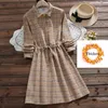 Mori Girl Automne Hiver Robe Col Rabattu Femmes À Manches Longues Cordon Taille Plaid Vintage Robes 7 Couleurs Femme Vestidos 210520