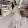 White Pink Casual Loose Elegant Solid Quality Lady Summer Bohemian Short Sleeve Mesh Lace Midi Dress 4963 50 210417