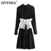 Women Chic Fashion With Sashes Pleated Midi Shirt Dress Vintage Long Sleeve Side Vents Female Dresses Vestidos 210416