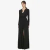 Lace Black Patchwork V-Neck Collar Diamant Pleated Maxi Klänningar för Kvinnor Mall Goth Trend Fashion Spring GX493 210421