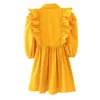 Printemps Femmes Cascade Volants Jaune Mini Chemise Robe Femme Manches Bouffantes Vêtements Casual Lady Lâche Robe D7371 210430