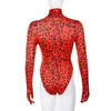 Vintage Red Leopard Print Turtleneck Långärmad skinny bodysuit med Glovers Autumn Sexig Party Clubwear Outfit Bodycon Body Top 210728