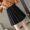 Autumn Winter Elegant Solid Woolen Pleated Women Skirt Buttons High Waist A-Line Sexy Mini Skater Skirts Lady 210428