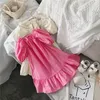 キッズ服ガールズフリルパフスリーブドレス甘い子供たちのソリッドカラーショルダープリンセスドレス