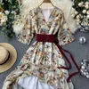 Sukienka Letnia Damska Retro Chiński styl Kwiatowy V-Neck Flared Rękaw A-Line Waist Odchudzanie Szyfonowe ES LL042 210506
