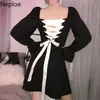 Neploe Lace Up Backless Dress Women Fashion Square Collar Flare Sleeve Klänningar Femme Sommar Elegant Slim Fit Vestidos 1c789 210423