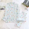 Cotton Crepe Heart Print Women Pajamas Thin Sleepwaer Pyjamas Women Soft Loose Pajama Set Casual Long Sleeve Pijamas Suit 210924