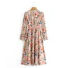 Printemps Boho Vintage Lâche Col En V Imprimé Floral Taille Haute À Manches Longues Mince Vacances Midi Robes Femme 210508