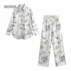 Wixra Women Blouse Passar Loose Wear Suit Spring Print Slå ner Toppar + Elastiska Midja Wide Leg Pants 2 Piece Sets X0428