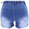 Liooil sexig rippad skinny denim shorts med fickor kvinnor sommar streetwear hög midja distressed bodycon hole jean 210719