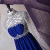 2022 Royal Blue manica lunga abiti da sera formale collo alto perline cristallo lungo treno Prom Party Sweet 16 vestito aperto indietro