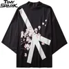 Japonais Kimono Veste Signe de Paix Floral Harajuku Hip Hop Hommes Japon Streetwear Veste Été Mince Vêtements Lâche Kimonos 211009