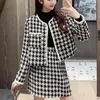 Jupe Set Automne Hiver Europe Dames Houndstooth Tweed Veste Manteau Plaid Mini Costumes Élégant Deux Pièces Femmes 210514