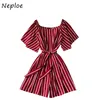 Neploe Vintage Striped Multicolor Jumpsuit Kvinnor Hög midja Hip Sashes Bodysuit Femme Sommar Kortärmad Playsuit 210510
