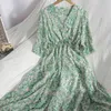 Zomer aankomst vrouwen v-hals hoge taille slanke lange jurk dames vintage bloemen chiffon a-lijn kleding 210430