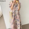 Vintage kobieta sukienka v szyi kobiety lato maxi sukienki wakacje plaża koreański szata żeński kwiat szyfon vestidos mujer 210519