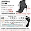 Aneikeh Madura Malha Mulheres Botas Florais Lace-up Fina Salto Alto Ankle Apointado Partido Party Sapatos de Casamento Preto Tamanho 35-40 210911