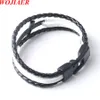 WOJIAER, pulsera de cuero con abalorio cruzado de acero inoxidable para hombres, pulseras trenzadas de cuerda negra multicapa, regalo de joyería BC013