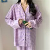 Caiherier Koreaans Paars Grid Meisjes Pyjama Set Leuke Winter Lange Mouw Leisure Nachtkleding Voor Vrouwen Losse Nachtkleding Homewar Suit 210830
