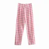 Merodi Bureau Lady Mode Rose Plaid Costume Coton Long Pantalon Femmes Été Za Taille Haute Fermeture À Glissière Droite Chic Pantalon 211112