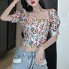 Frauen Koreanische Vintage Frau Hemden Sommer Puff Sleeve Print Floral Bluse Casual Quadrat Kragen Kurze Damen Designer Tops 13605 210527