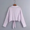 Kvinnors Skjorta Blus Höst Ny Lila Bow Crop Top Shirts Office Långärmad Slå ner Collar Chic Streetwear Blusa 210419