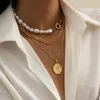 Trendy Alien Pearl Chain Splicing Multilayer Necklace for Women Girl Vintage Coin Portrait Pendant Necklaces Party Jewelry Y0420316A