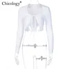 Chicology Fur Winter Fall Lace Up T-shirt Långärmad Crop Top T Shirt Kvinnor Sexig Party Club Kläder Streetwear Solid Soft Tee Y0629