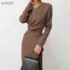 LUZUZI Vintage Women Long Dress O-neck Slim Waist Solid white Mid-caff Length Spring Long Sleeve Casual Party Dress 2021 Fashion G1214