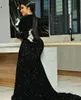 2022 Sexy Black Bling Sequined Koronki Suknie Wieczorowe Nosić Syrenka Głębokie V Neck Długie Rękawy Cekiny Prom Suknie Party Dresses Robe de Soiree Silver Crystal Beads