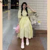 Nomikuma Lato Vintage Dress Kobiety O Neck Rękaw Puff Rękawów Linia Midi Suknie Unicolor Koreański Styl Slim Slim Vestidos Mujer 210514