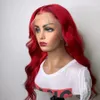 2021 Gratis Part Body Wave Red Brazilian Lace Front Wigs Syntetisk peruk Värmebeständig Preplucked With Baby Hair