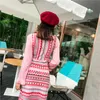 Sonbahar Moda Şık Pist Elbise Kadın Çizgili Örgü Flare Kollu Gökkuşağı Şerit Kazak Yüksek Kalite 210514