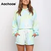 Aachoae Fashion Tie Dye 2 Piece Set Women Batwing Sleeve Loose Hooded Croped Tops Casual Drawstring Shorts Lady Sets Ropa Mujer 210413