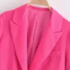 XEASY, conjunto de dos piezas para mujer, satén, rosa, rojo, Vintage, para oficina, para mujer, Blazer de un solo botón, pantalones elásticos de cintura alta para mujer, trajes 210819