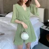Lato Mini Dress Kobiety Elegancki Koreański Styl Panie Krótki Rękaw Zielony Czarne Kropki Tunika Plaża Sundress Kobieta 210421