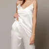 Hechan branco preto cetim sexy pijama mulheres v pescoço espaguete pulseira solta calças íntimo lingerie feminino conjunto Homewear casual 210831