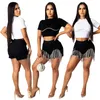 Women's Stretch Jean Shorts Mid Waist Distressed Frayed Raw Hem Tassele Denim Shorts With Tassel (shorts only) Black Size(S-2XL)