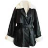 Nerazzurri Winter Oversized Leather Jacket Women with Faux Rex Rabbit Fur Inside Warm Soft Thickened Fur Lined Coat Long Sleeve 211204