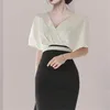 Women Office OL Slim Bodycon Short Sleeve Pencil Work Dresses Vestidos Ladies High Waist Hit Color Party Dress Female 210519