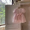 Abiti da ragazza per bambini estivi stile coreano Colletto in pizzo floreale rosa con cinturini Abito da principessa Abbigliamento per bambini E1525 210610