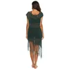 Kobiety Plaża Cover Up Duże sukienki Długie Tassel Tunika Kostium Kąpielowy Coverups Wrap Czarny Swim Summer Dress 2021 Plus Size S-XL X0726