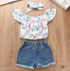 Enfants été filles vêtements ensembles hors épaule haut chemise + trou pantalon + bandeau 3 pièces enfants tissu fille vêtements ensemble